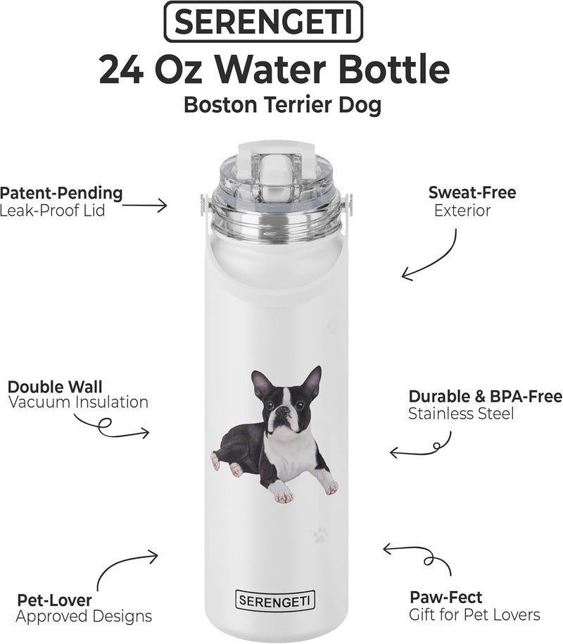 ES Pets SERENGETI 24 Oz Water Bottle Stainless Steel with Spill Proof Lid - Double walled Vacuum Insulated water flask - Realistic 3D Print of your favorite dog (Boston Terrier) - Image 1